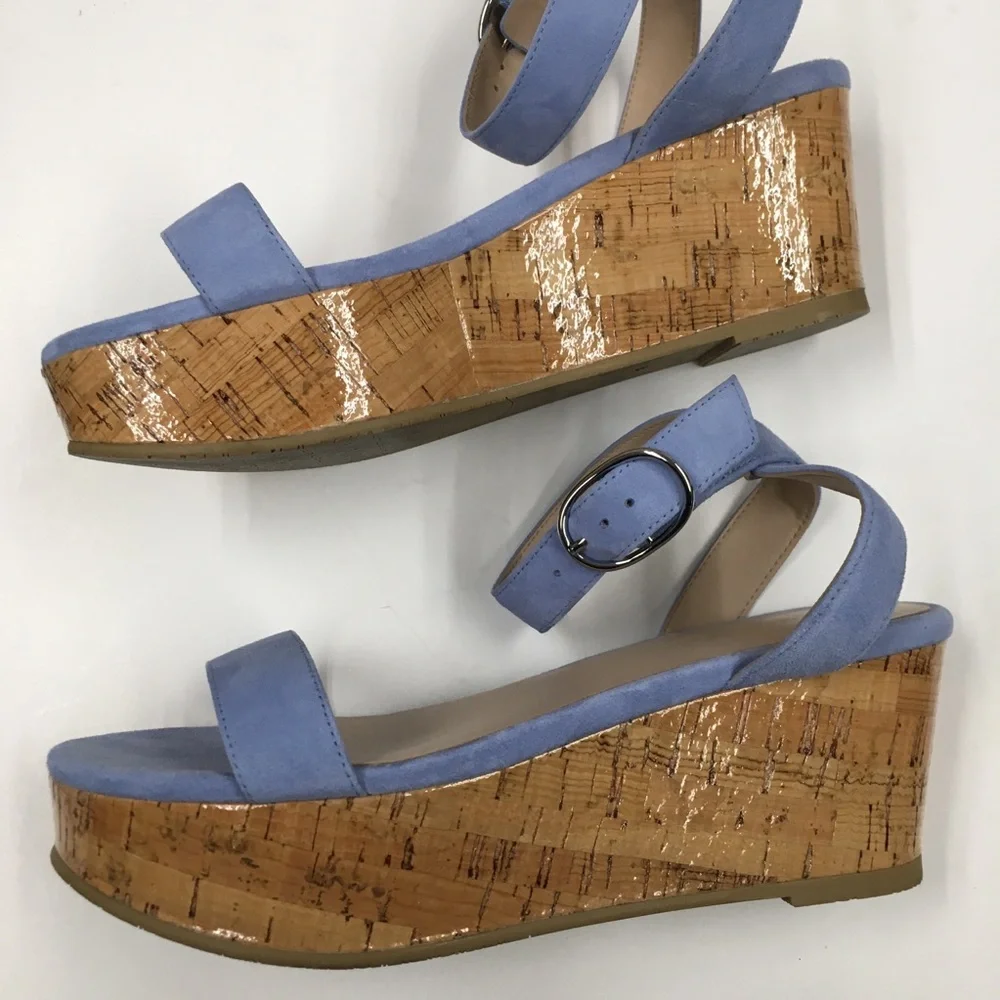 Stuart Weitzman Suede Leather Ankle Strap Platform Sandals 7 Light Blue Spring
